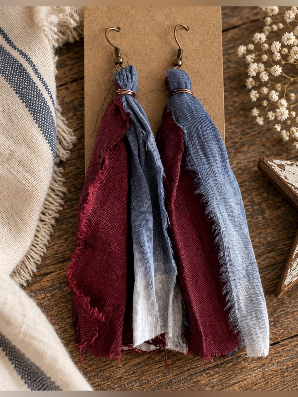 Muted Americana Sari Silk Earrings | Red White & Blue Tassel Earrings | 3.5”